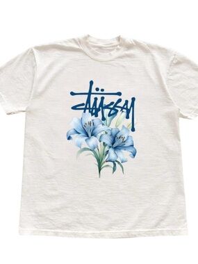 Gildan White Tee with Blue Floral & Script Graphic